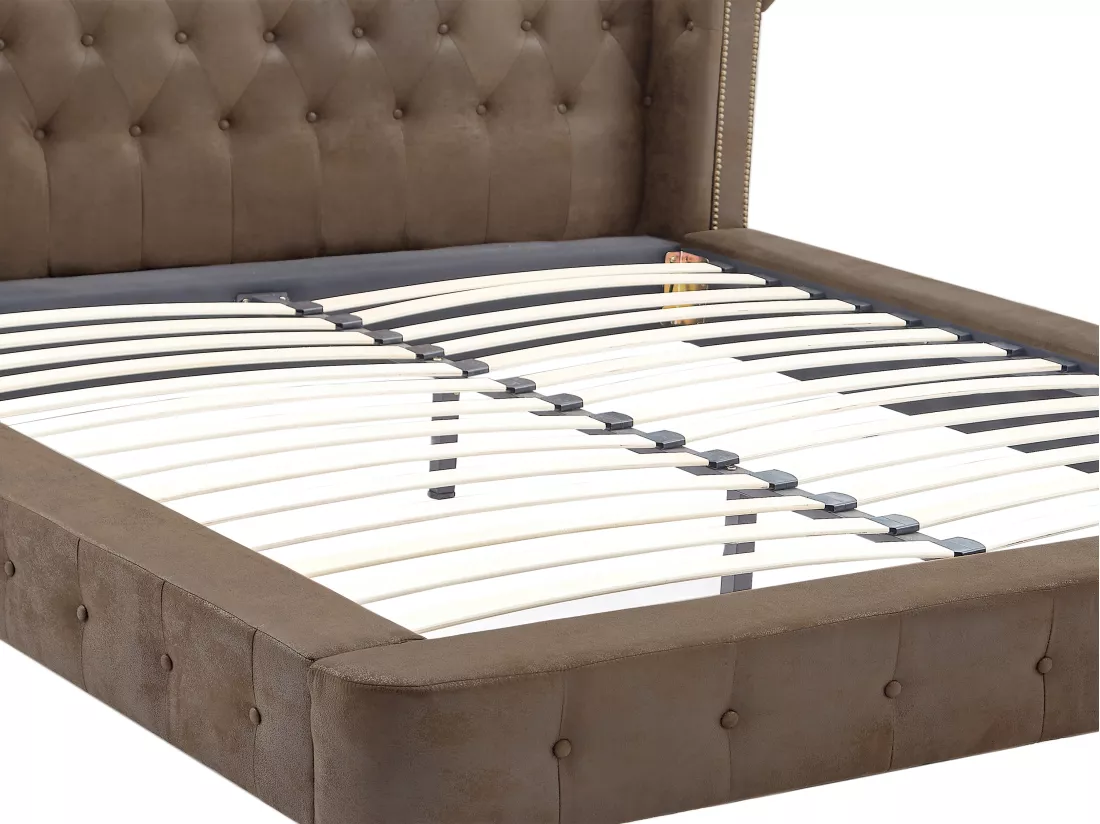 Lit chesterfield 160 x 200 cm - Tissu effet cuir vieilli - Marron - TONGERLA