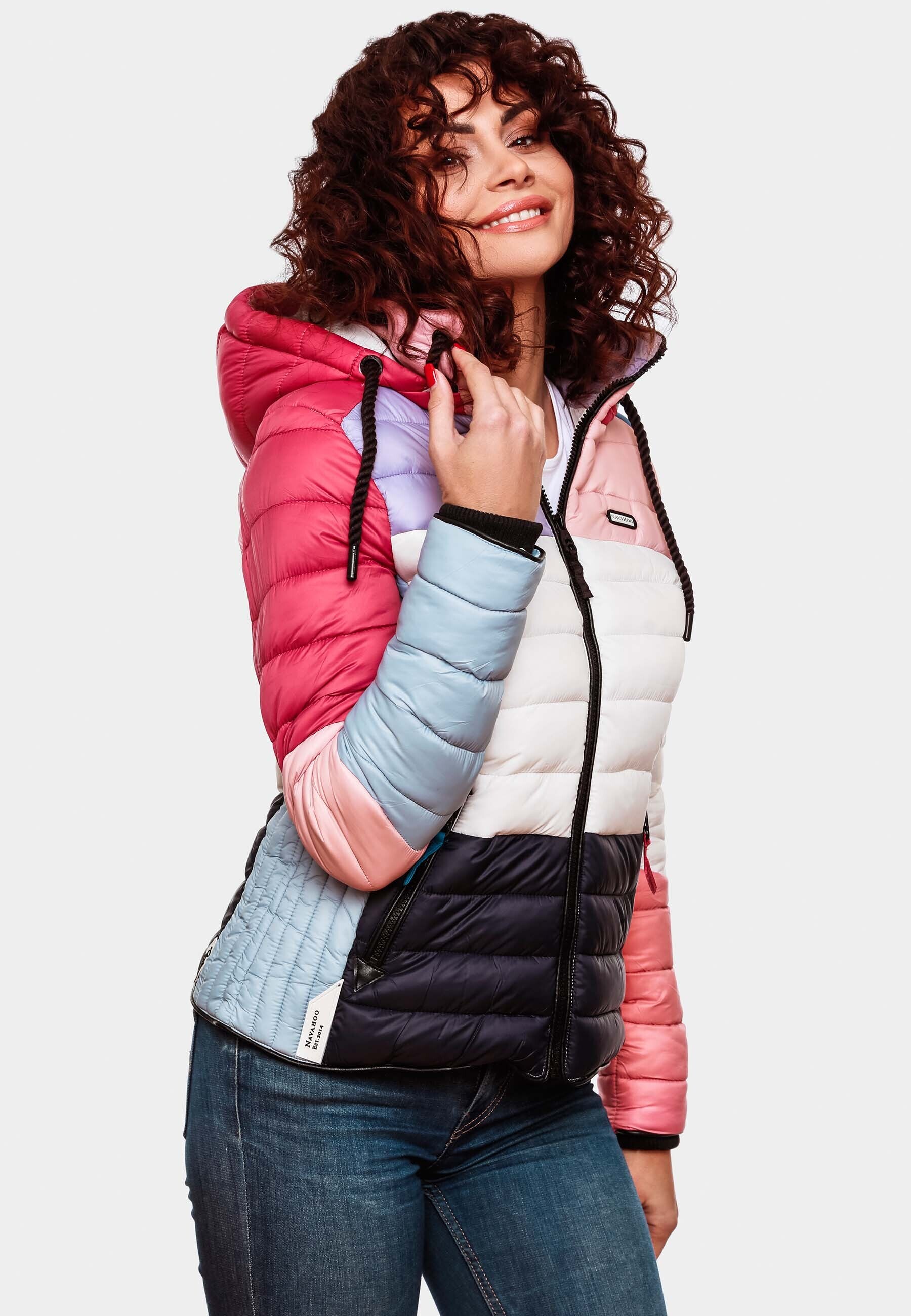 NAVAHOO Damen Steppjacke leichte Übergangsjacke mit Kapuze im Colourblocking Stil Lulana Multikulti