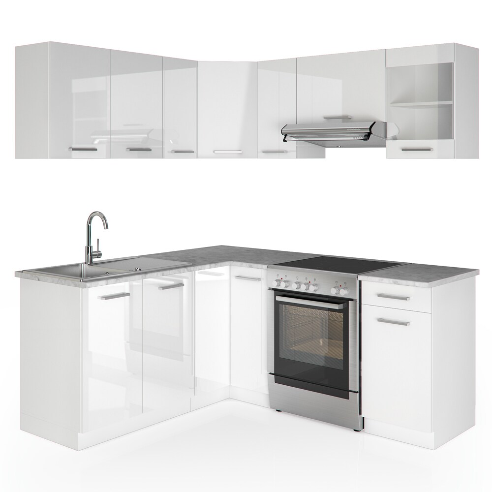 Vicco Küche Küchenzeile L-Form Küchenblock Einbauküche Komplettküche 167x187cm Weiß HGL
