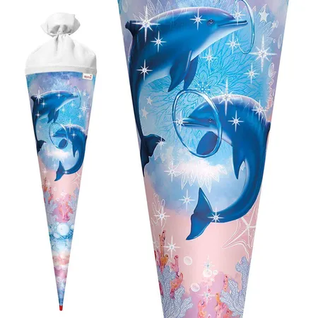 Roth Motiv-Schultüte, Delfine, 70cm, rund, Rot(h)-Spitze, Filzverschluss, Glitter