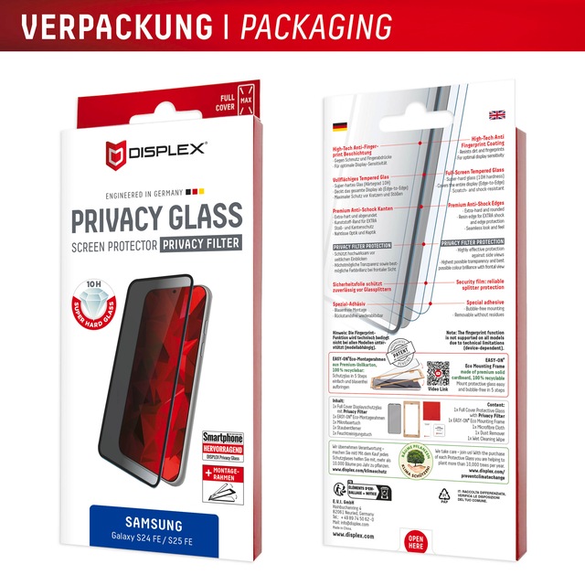 Displex Displayschutzglas »Privacy Glass Screen Protector« für Samsung Galaxy S24 FE;Samsung Galaxy S25 FE Blickschutzfolie, Schutzfolie, Bildschirmschutz, kratz- & stossfest