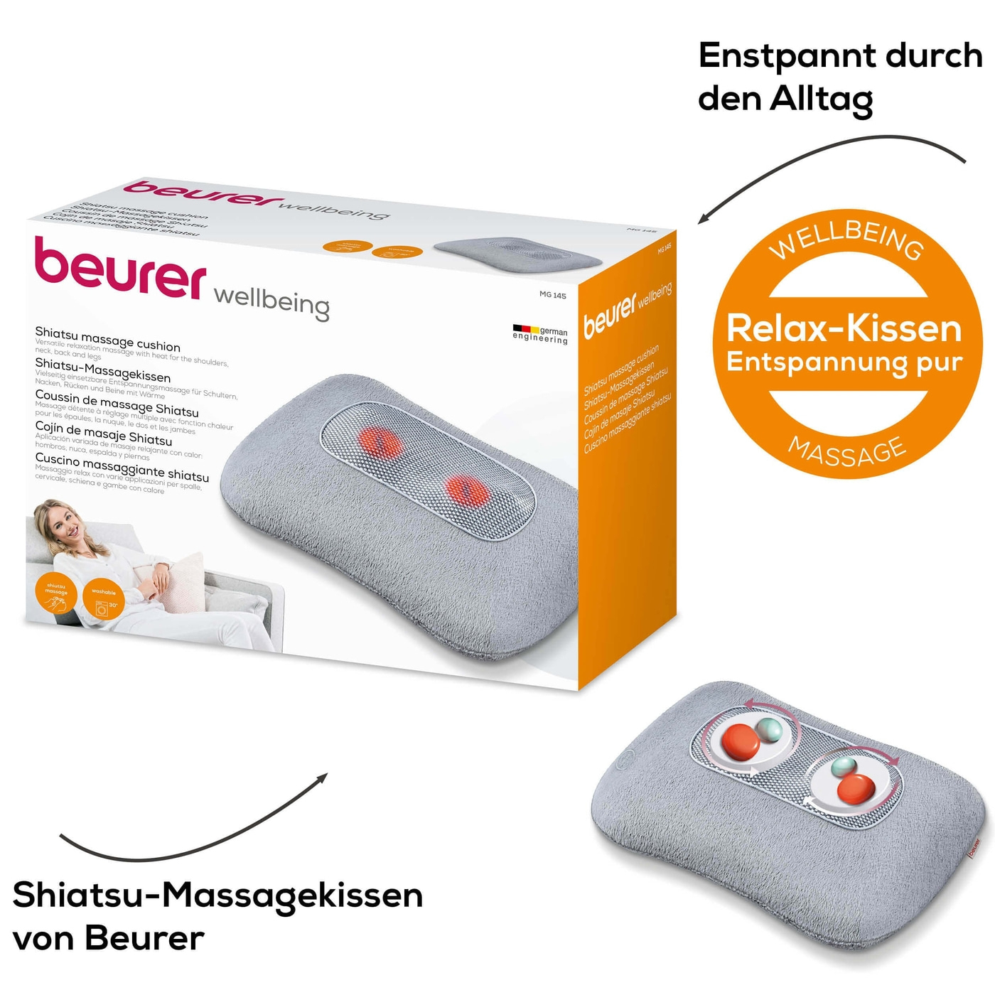 (34x25cm) MG 145 Shiatsu Nacken Massage Kissen Tiefenknetmassage Massagegerät mit Wärmefunktion (64404) - Grau