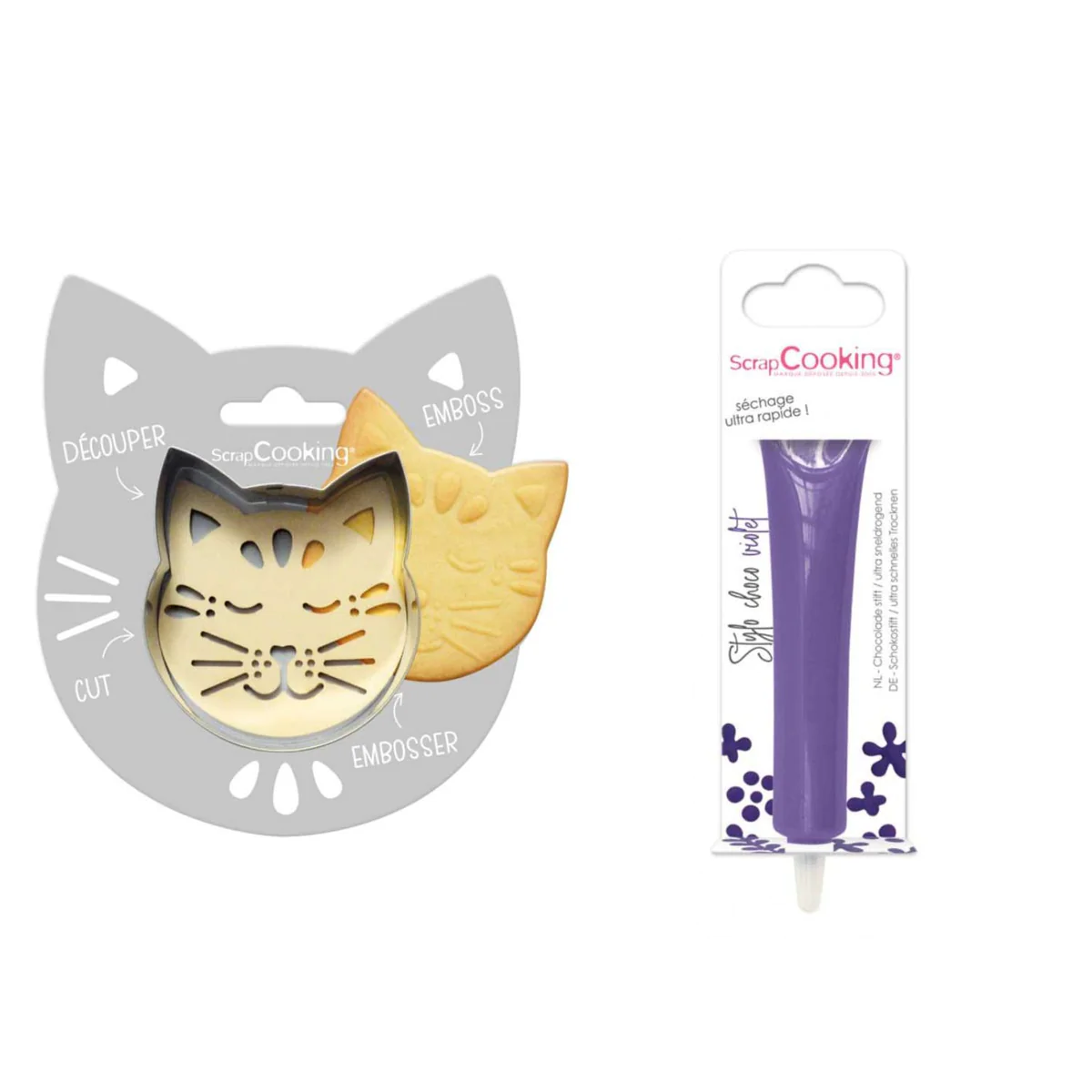 Kit pour biscuit en relief Chat + Stylo au chocolat violet Scrapcookin
