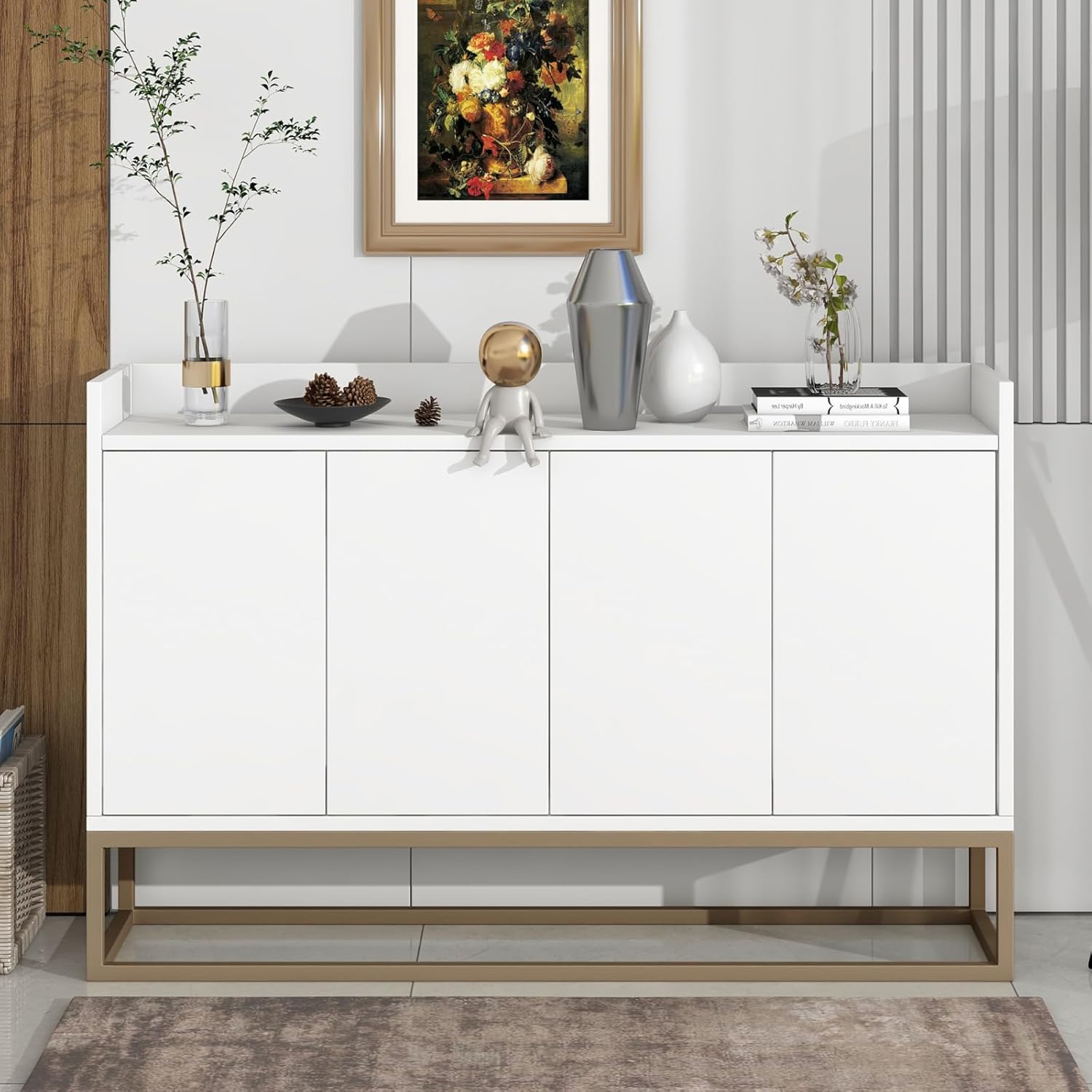 Schrank, Sideboard, Anrichte, moderner minimalistischer Stil, 4 Türen ohne Griffe, mit goldenen Metallbeinen, geeignet für Wohnzimmer und Esszimmerküche (Weiß)