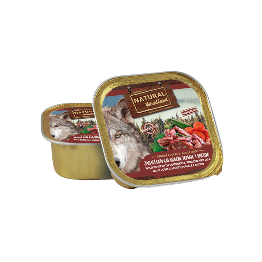 Lata de javali com abobrinha, tomate e endro da Natural Greatness para cães.