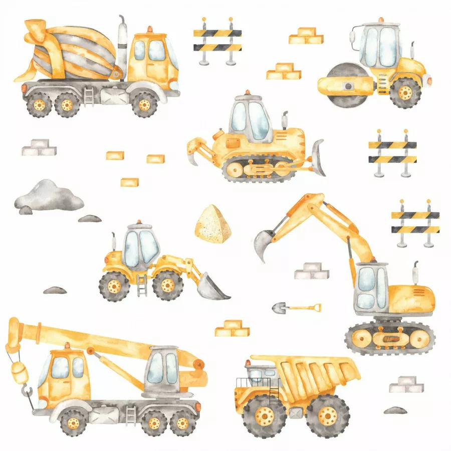 Nikima Wandtattoo 206 Baustelle Aquarell - Fahrzeuge Bagger Autokran in 6 vers. Größen braun
