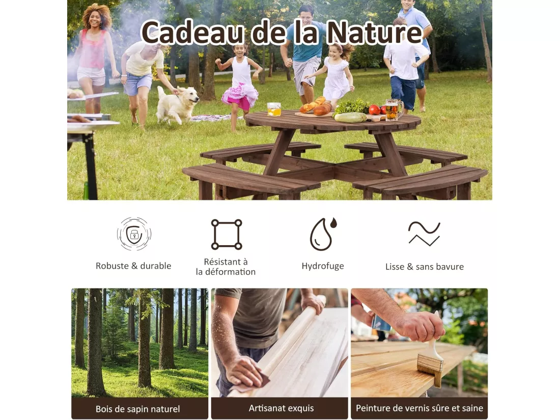 Ensemble Table de Pique-Nique en Bois avec Trou de Parasol, Set Table et Banc Jardin Résistant aux Intempéries Chaque Banc Charge 225 KG pour 8 Personnes, pour Patio Pelouse
