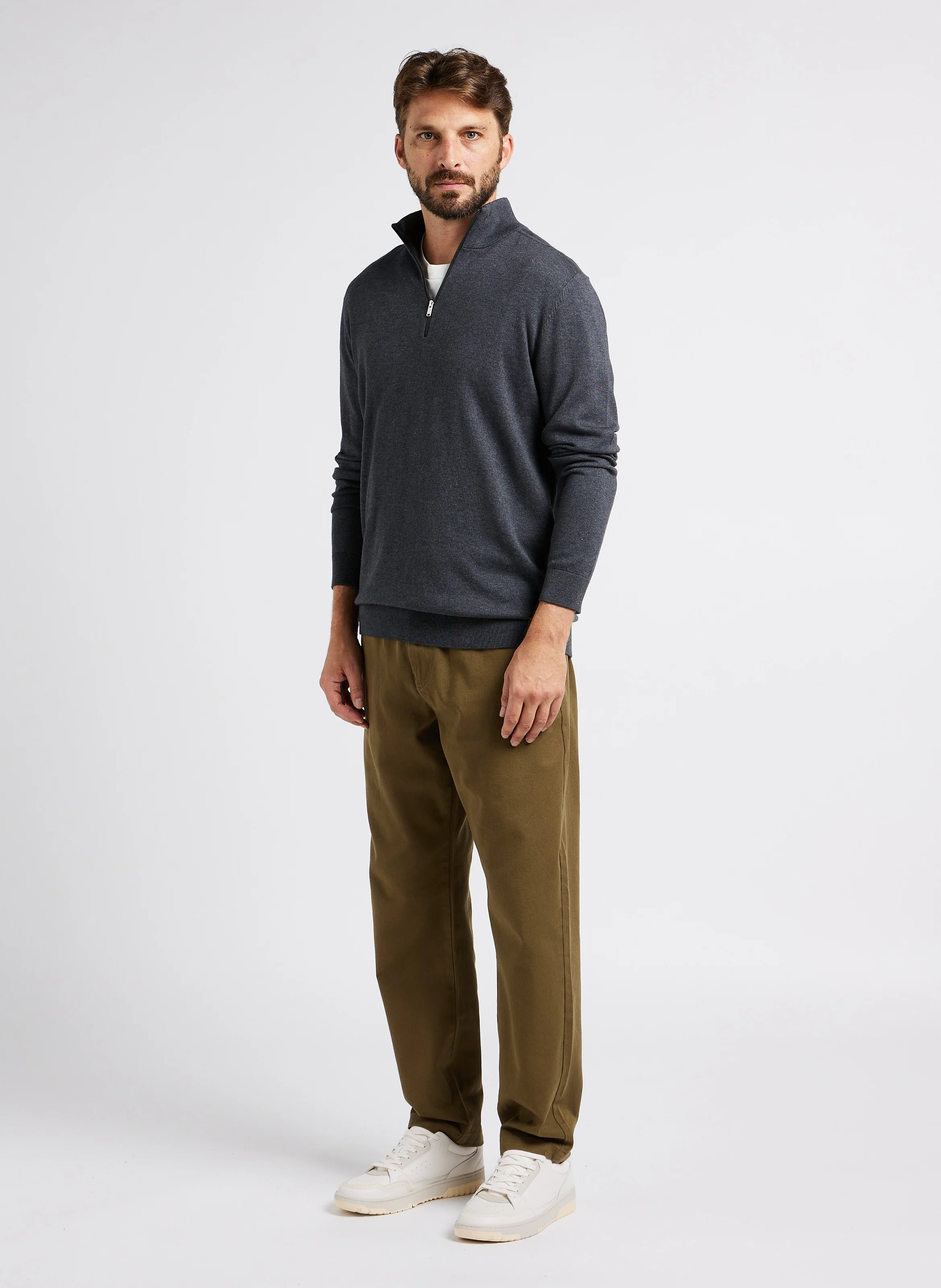 BERG - Pull col montant zippé regular-fit en coton | Gris