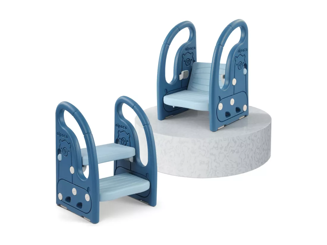 Marchepied pour Enfant Bébé avec 2 Marches Antidérapant, Réglable en Hauteur, Marche Pied Multifonction Stable avec Poignées, De 1.5 à 5 Ans, Bleu