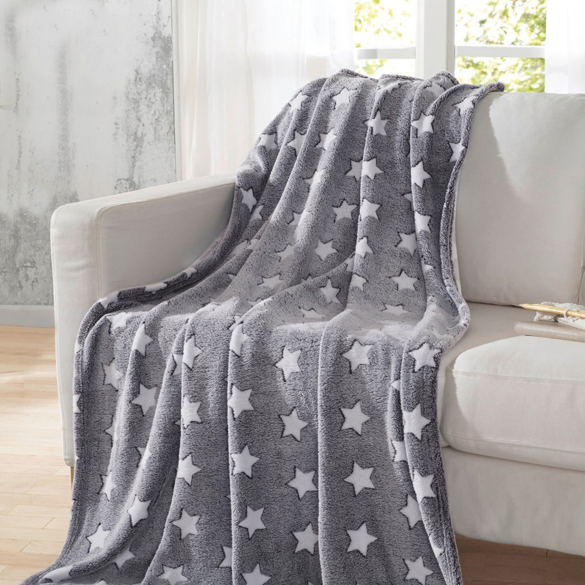 FRANK FLECHTWAREN | White-Stars knuffeldeken, POLYESTER, 128 x 152 cm