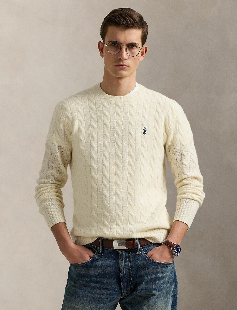POLO RALPH LAUREN<br>Suéter de gola redonda em lã e cashmere, com padrão de tranças