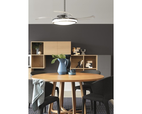 Fanaway Evo 1 LED plafondventilator, Ø 121 cm, chroom, met afstandsbediening, uitklapbare bladen, kleurveranderingsfunctie, zomer- en winterstand en LED-lichtbron.