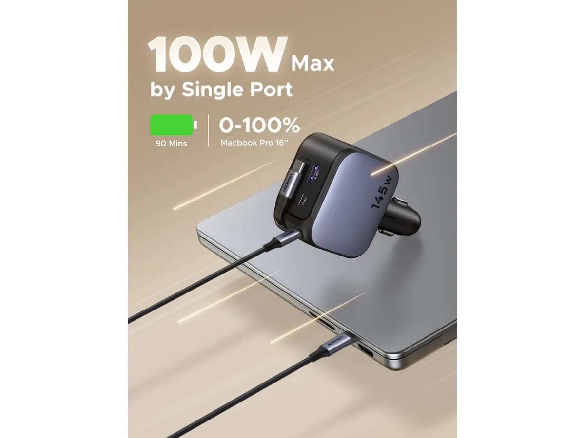(145W) 2x USB C / USB A Auto Ladegerät Fast Car Charger mit ausziehbarem USB C Ladekabel (55910B) - Silber / Schwarz