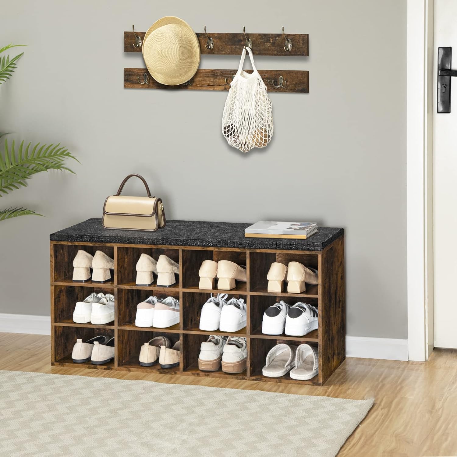 HOOBRO Garderobe Schuhregal Set, Schuhbank mit 12 Fächern, Schuhregal mit gepolsterter Sitzbank, Wandgarderobe mit 9 Haken, Schuhschrank für, Eingangsbereich, Schlafzimmer Vintagebraun EBF112HX01G1