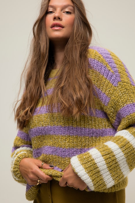 Pullover, oversized, Grobstrick, Streifenmix, Rundhals, Langarm