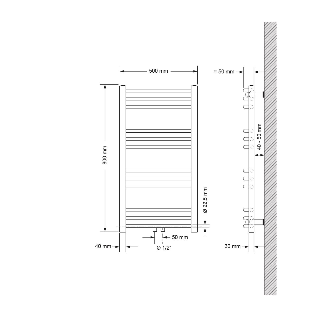 ECD Germany badkamerradiator, middenaansluiting, 500 x 800 mm, chroom, gebogen, met aansluitset inclusief thermostaat, staande radiator, chroom, verwarming, handdoekwarmer, handdoekdroger, handdoekradiator