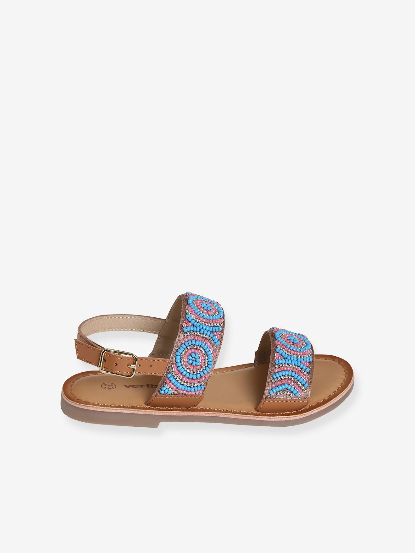 Sandálias de tecido com miçangas, para meninas, lisas, azul claro com estampas.