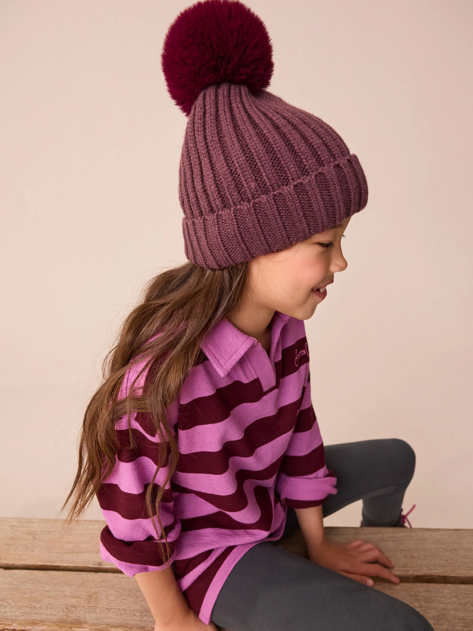 Paars - Geribbelde beanie-muts met pompon (3mnd -16jr)