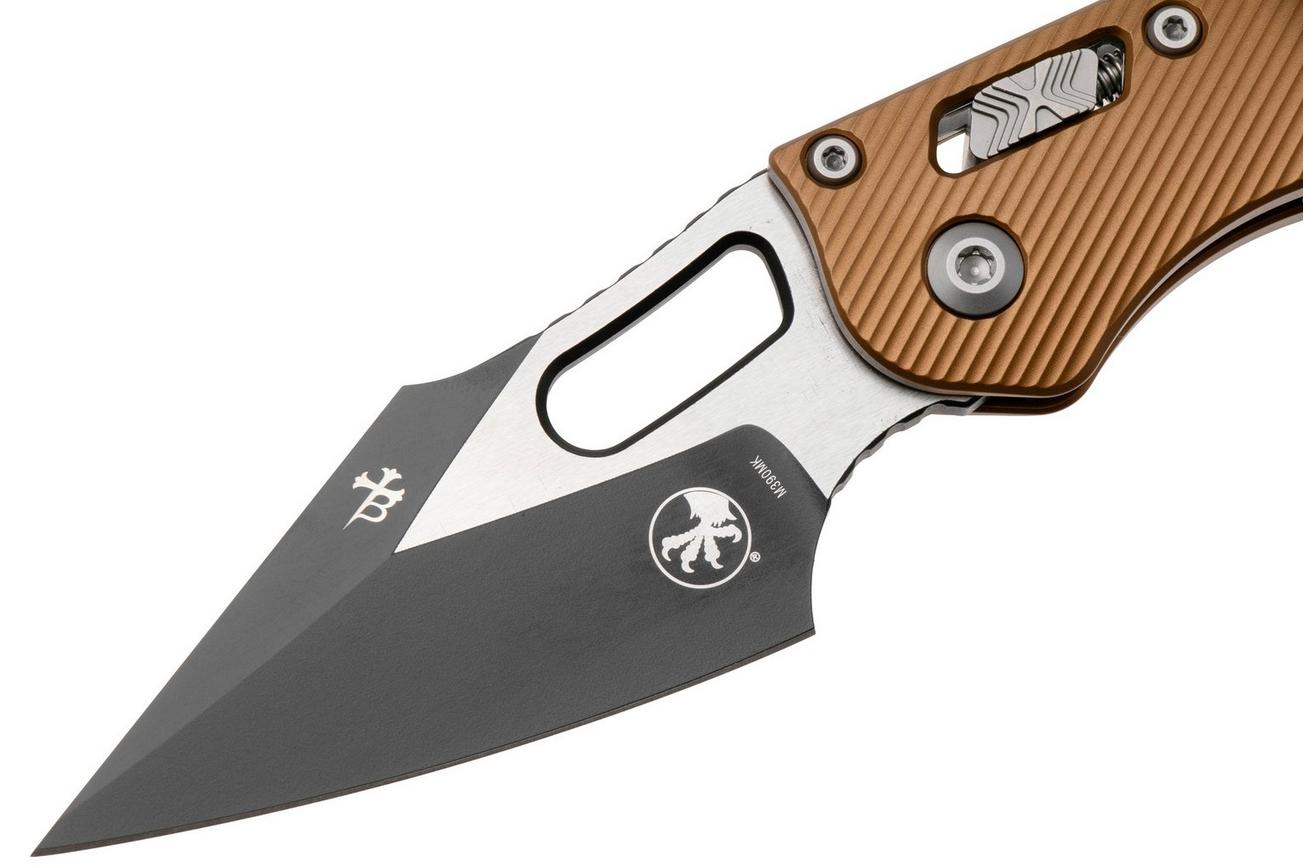 Microtech Stitch 169RL-1FLTA, Black Two Tone M390MK, Fluted Tan Aluminum zakmes, Borka Blades design
