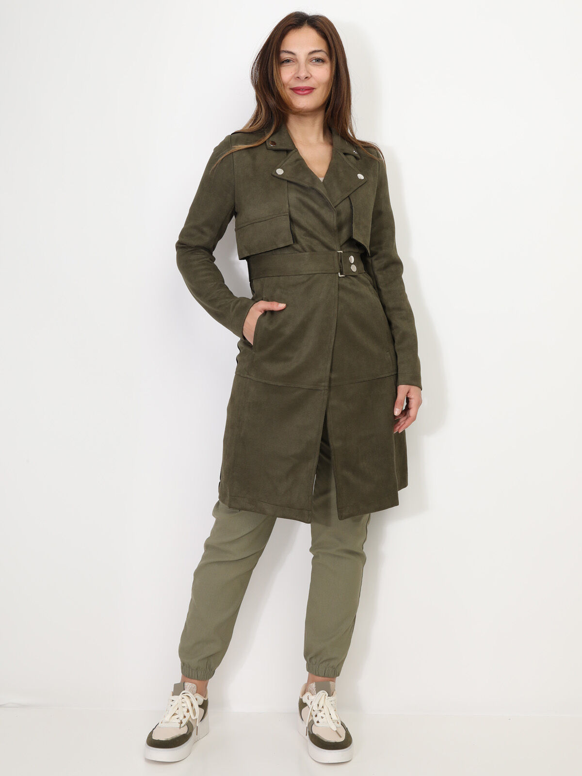 Veste longue ceinturée en suédine- Kaki
