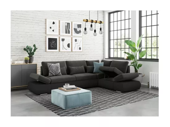 Canapé d'angle Sebastian Réversible et Convertible avec coffre en simili et tissu - Gris anthracite - L267 x P200 x H90cm - Loungitude