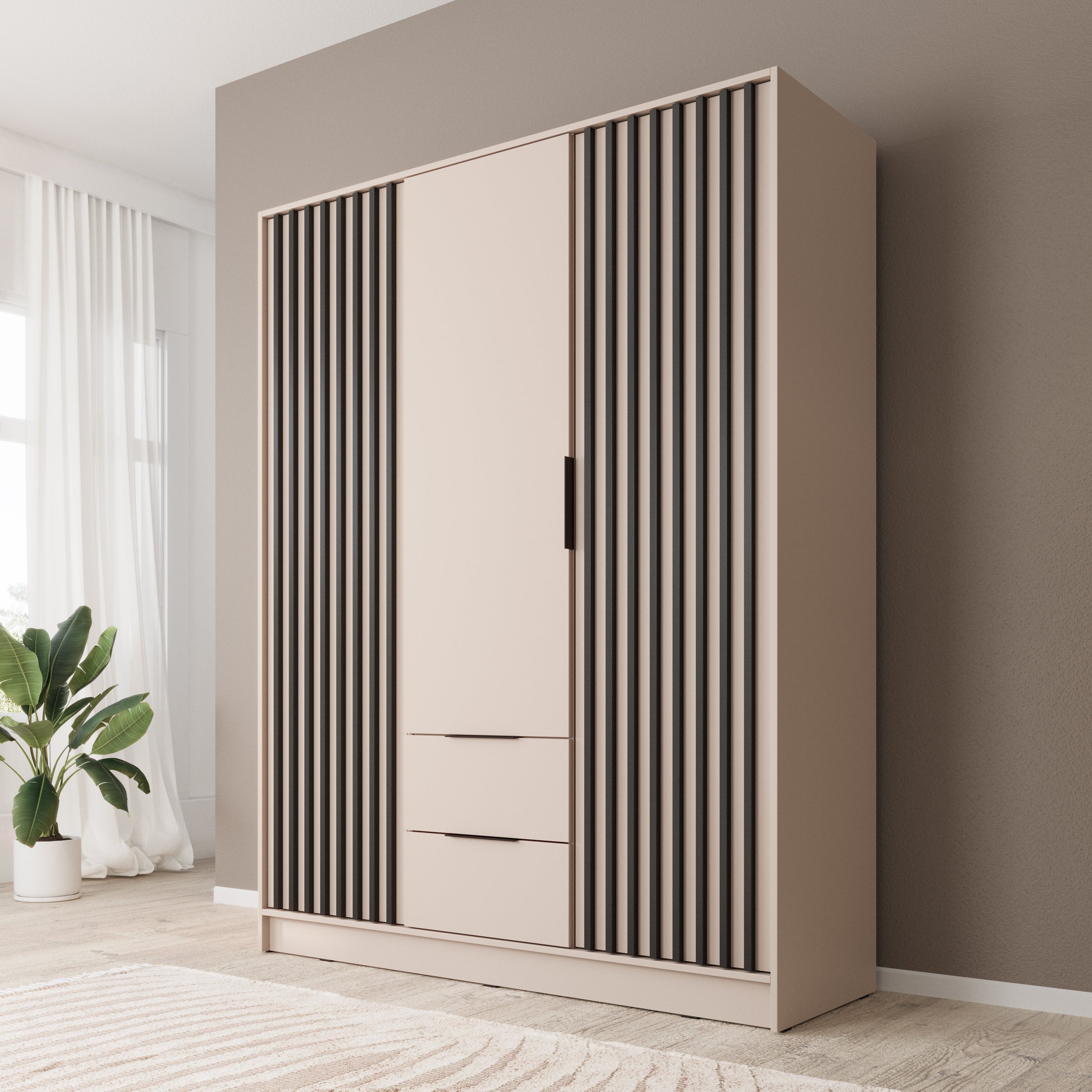 Nairobi - Kledingkast 3-deurs - Beige/zwart - 155x51x200 cm