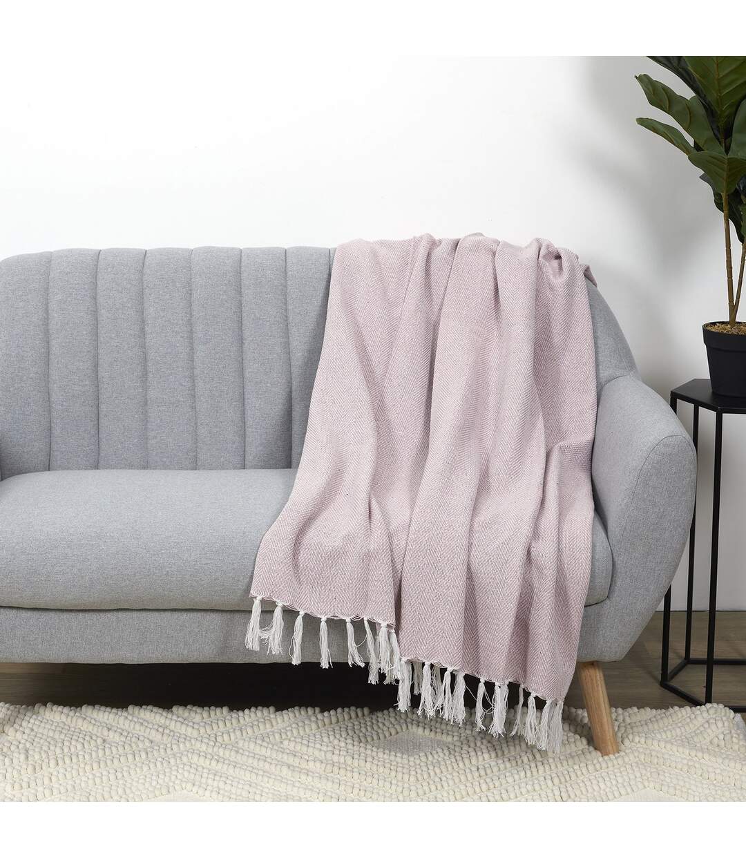 Plaid imprimé géométrique avec franges nouées - 125x150cm - Rose
