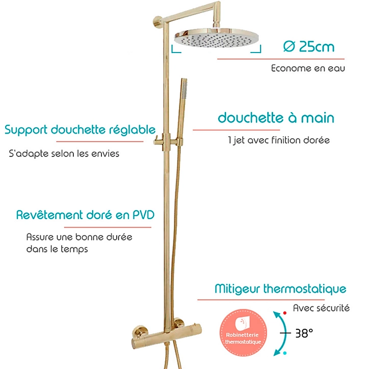Colonne de douche thermostatique dorée Sarodis Smart