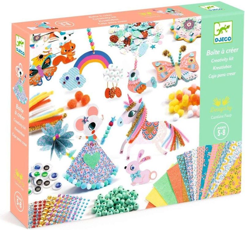 Djeco - Creatief Papier - Materialen Doos - 2 Verdiepingen - Kralen Pompons Stickers