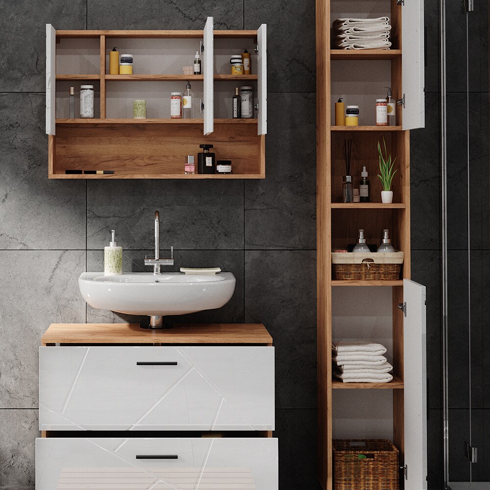 Vicco Badmöbelset Irma Eiche Weiß Hochglanz modern 80 cm 30 cm Badezimmerschrank Badschrank Badezimmermöbel Waschtischunterschrank Spiegelschrank Hochschrank Schranktür Schrankfach Schrankschublade