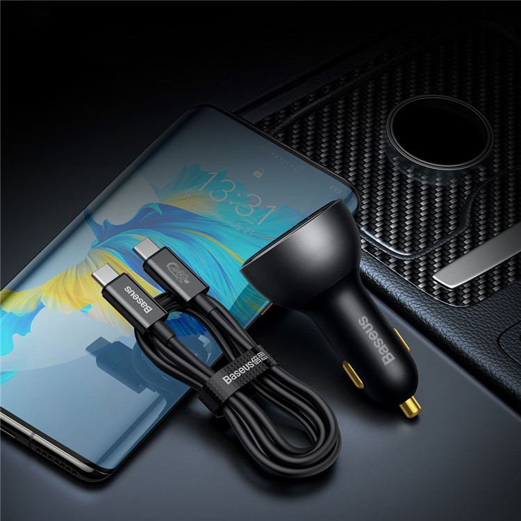 (140W) USB C / USB A Auto KFZ Ladegerät Netzteil PD 3.1 mit Display   USB C Ladekabel - Schwarz