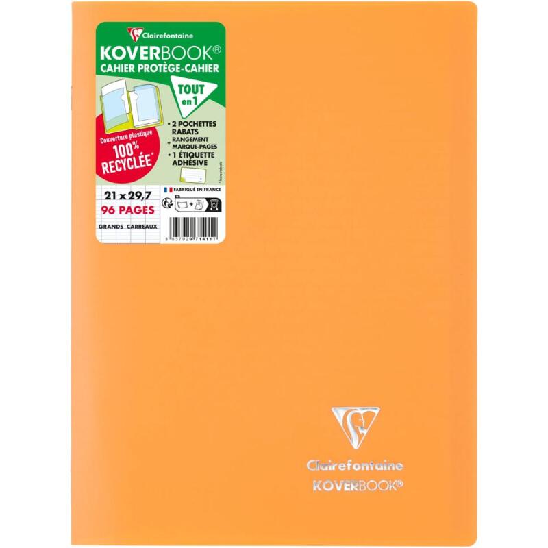 Cahier piqué Koverbook A4 96 pages grands carreaux couverture polypropylène opaque 100% recyclé - Assortis
