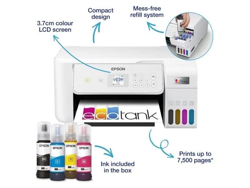 Epson EcoTank ET-2876 - Multifunktionsprinter - farve - blækprinter - ITS - A4 (medie) - op til 10 spm (udskriver) - 100 ark - Wi-Fi, USB - hvid