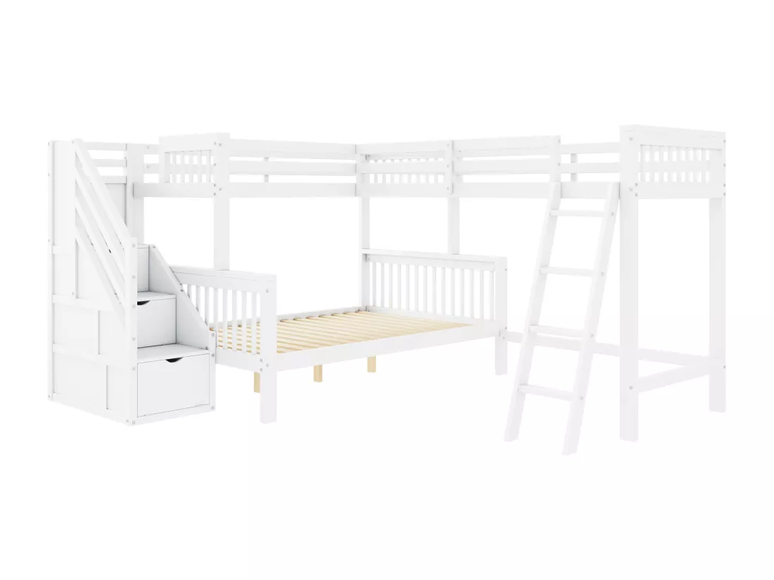Lit mezzanine, 140x200cm, 90x200cm, lit superposé, lit enfant avec escalier, en bois de pin, Blanc, pour trois enfants