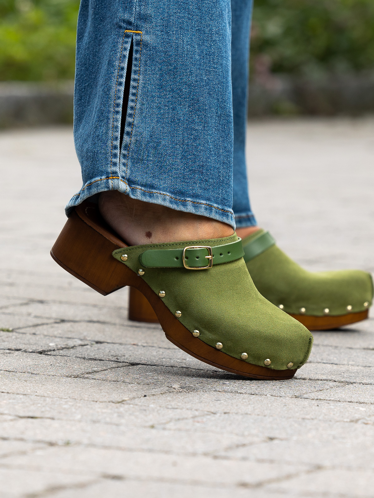 Clogs Suede Leather Green - Trapes Sko