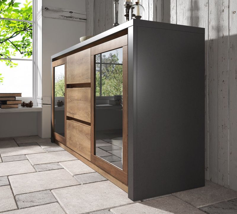 Meubella - Dressoir Monaco - Eiken - Grijs - Met Glas