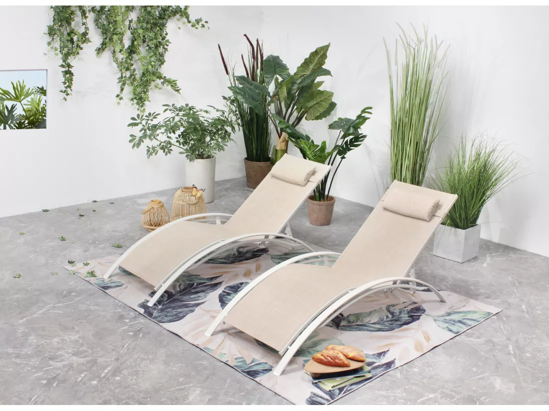 Lot de 2 transats en aluminium et toile PVC écru/blanc BAHIA