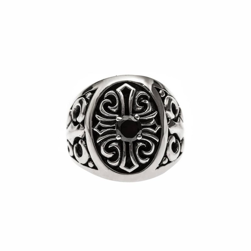 Chevalière Homme Croix Pierre Noire Argent