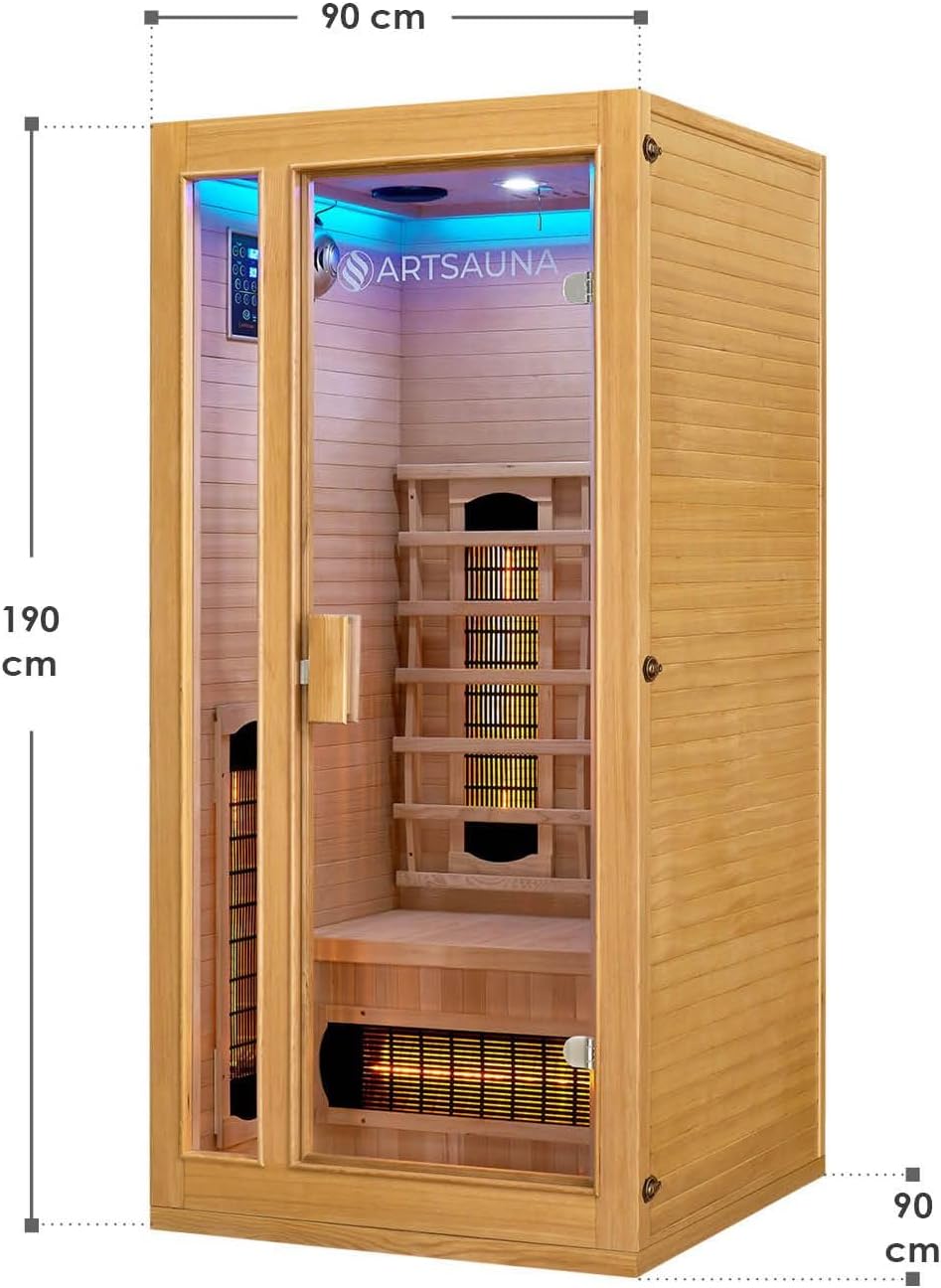 Artsauna Infrarotkabine Nyborg S90V - Infrarotsauna Vollspektrumstrahler, LED-Farblicht & große Glastür - Wärmekabine für 1 Person 90x90 cm