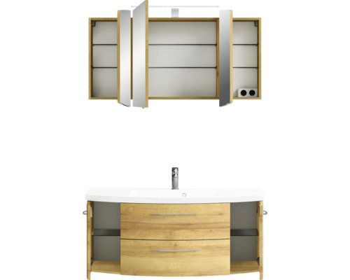 Pelipal Sunline 104 badkamermeubelset, BxHxD 121 x 200 x 50,5 cm, frontkleur: Riviera eiken, 3-delige badkamermeubelset met wastafel en badmeubel van wit mineraalmarmer, spiegelkast met LED-verlichting