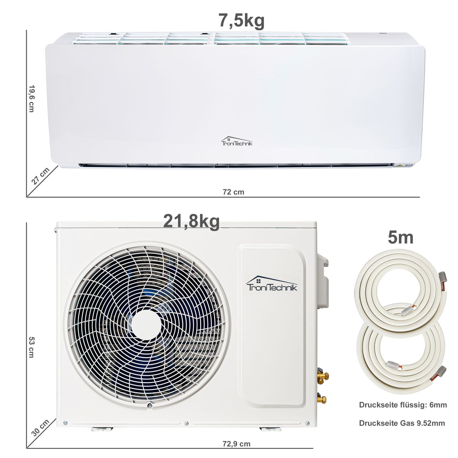 TroniTechnik® Split Klimaanlage REYKIR 9000 BTU Inverter Klimagerät, SMART, UVC Luftreinigung, 5m Leitung, Zubehör, Wandhalterung