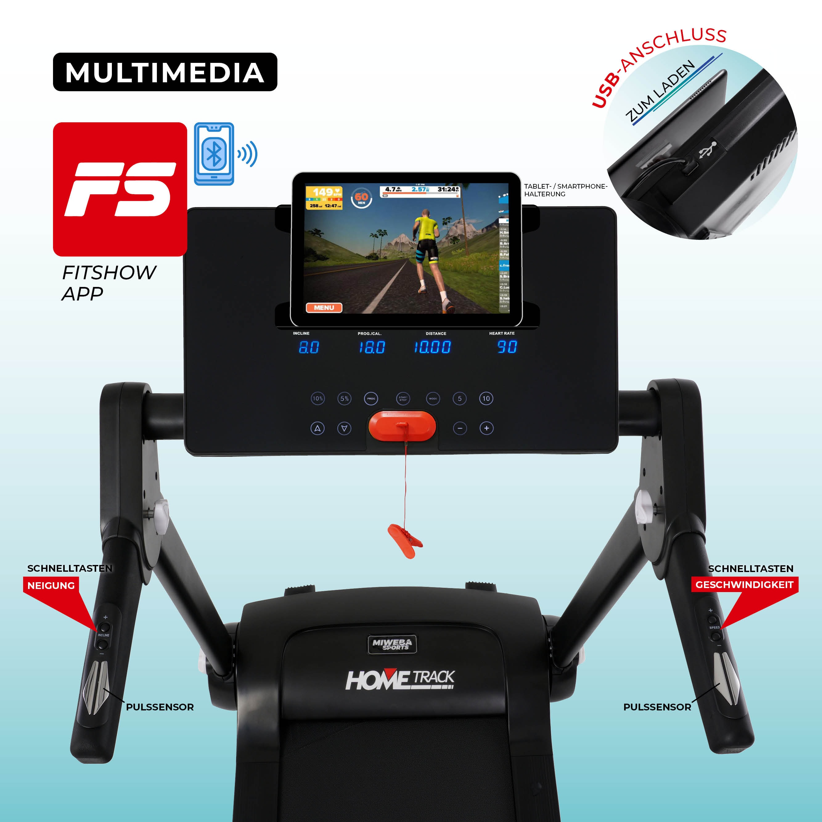 Miweba Sports Laufband Home Track HT3000, mit Steigung, 1300 Watt, 1-16 km/h, 12 Programme, klappbar (Schwarz/Weiß)