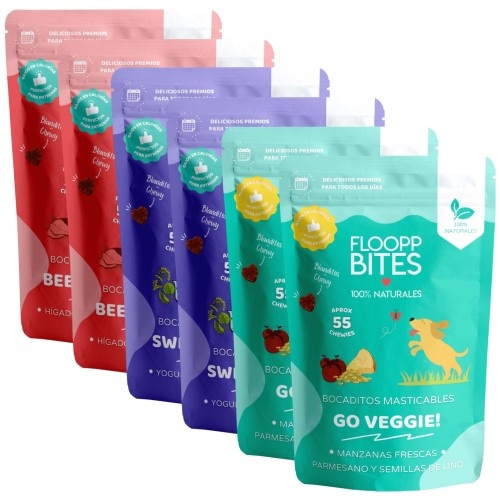 FlooppBITES petiscos macios e naturais, pacote com 3 sabores para cães