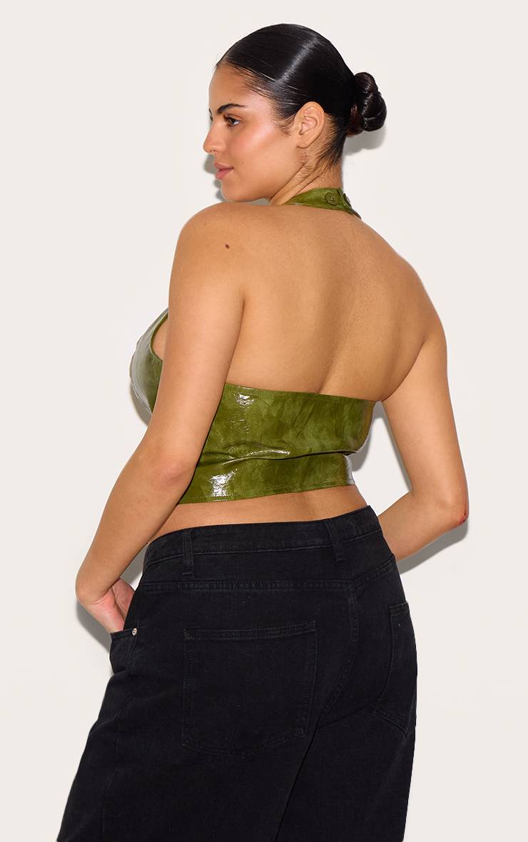 Washed Olive Haut Grande Taille Col Licou Plongeant En Synthétiquecuir Effet Délavé Avec Laçage