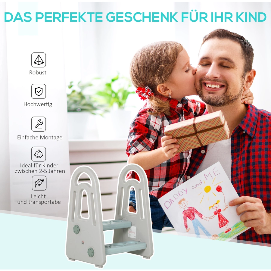 HOMCOM Kinder-Tritt mit rutschfesten Gummi-Füßen Blau, Grau