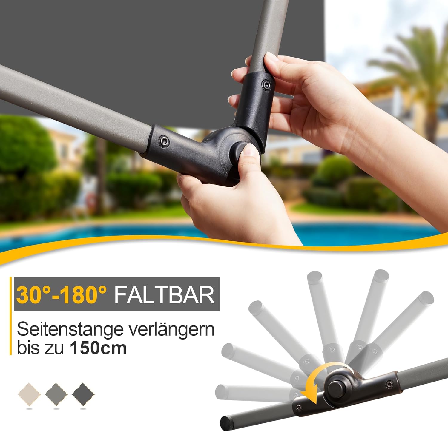 BelleMax Klemmmarkise ohne Bohren mit Handkurbel Balkon, Anthrazit 200 cm x (125 + 25) cm, Balkonmarkise Faltbarem Seitenarm, Markise UV-Schutz & Sonnenschutz, Wasserdicht Höhenverstellbar