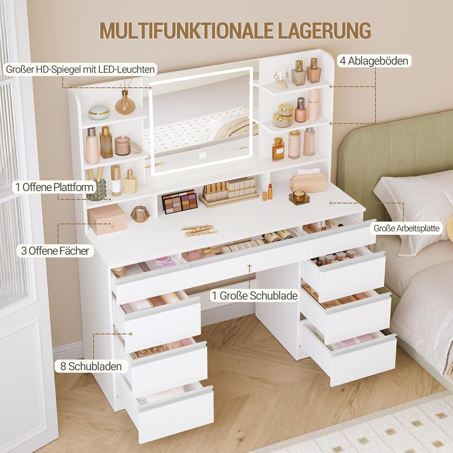 Hzuaneri Große Schminktisch mit LED-Beleuchtung, 3 Farben, Helligkeitsregulierung, Schminktisch mit Spiegel, 9 Schubladen, 9 offenen Ablagen, Moderner Stil, Weiß-Silber DT41903W