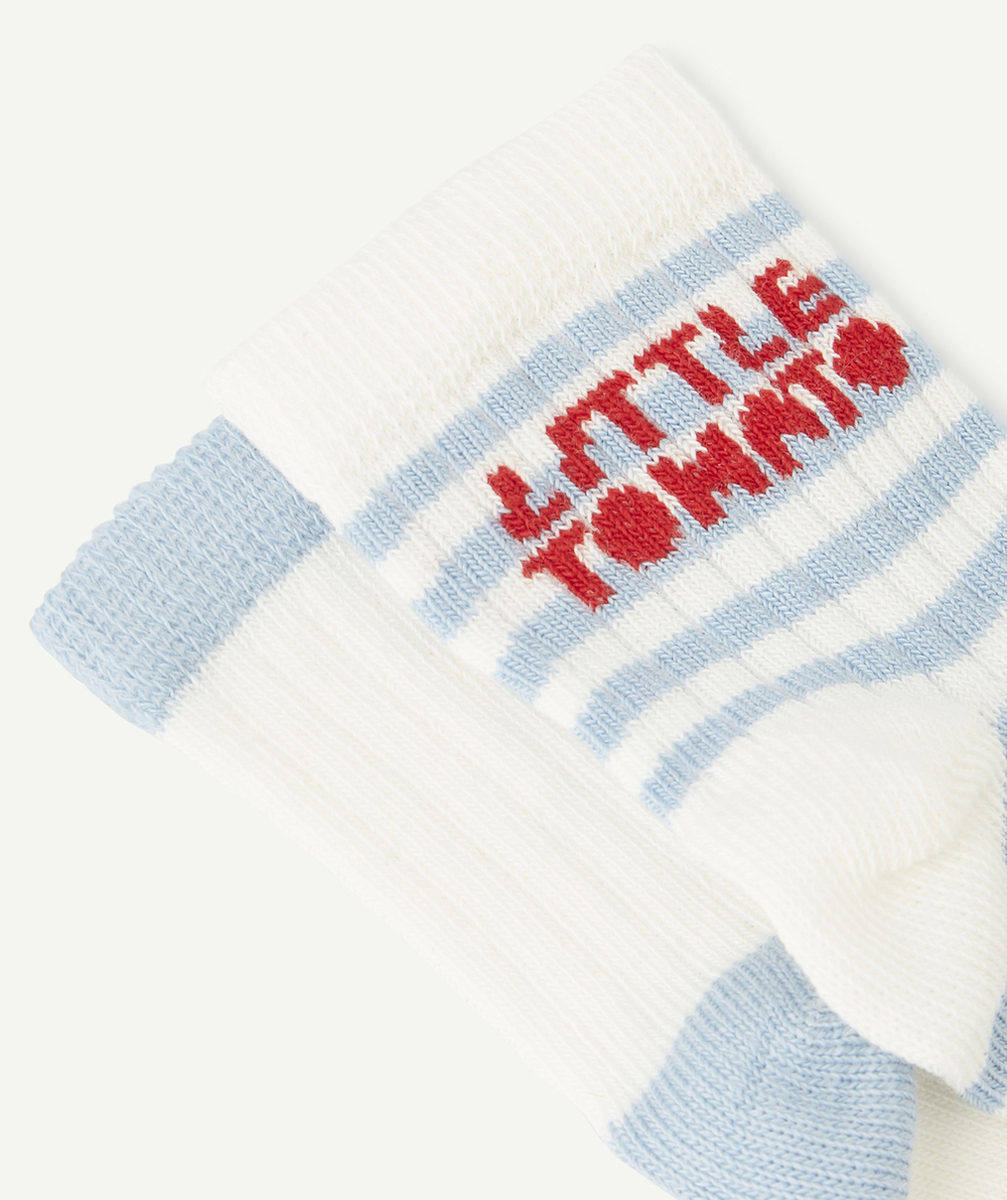 CHAUSSETTES HAUTES BÉBÉ GARÇON EN COTON BIO À RAYURES AVEC MESSAGE TOMATE