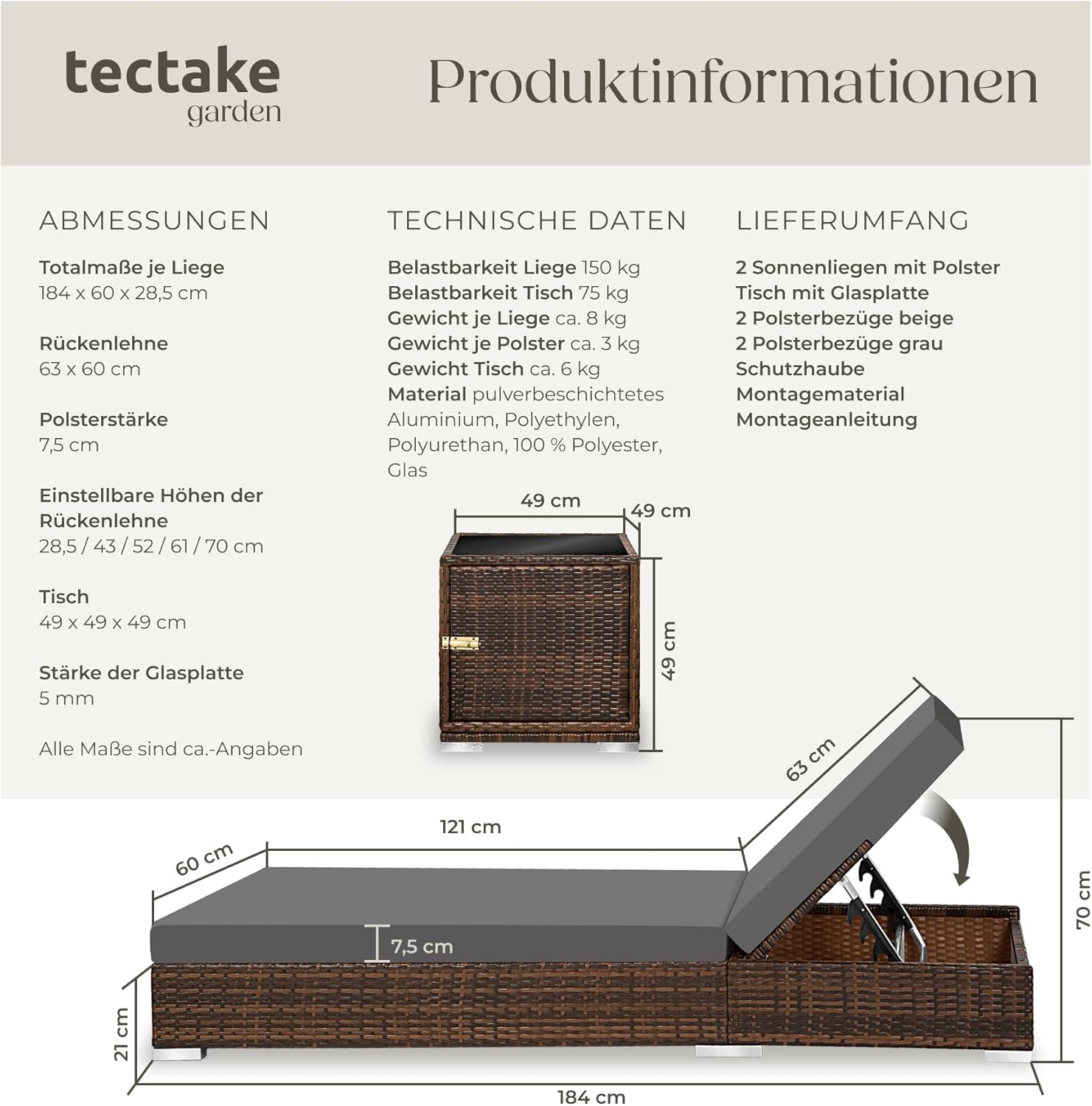 tectake® 2er Lounge Sonnenliegen Set Plus Tisch – inkl. 2 Bezugsets und Schutzhülle, Outdoor Poly Rattan Gartenmöbel Set, 2er Set - braun