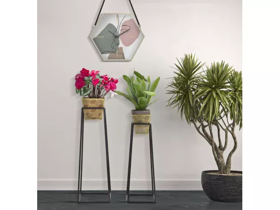Lot de 2 porte-vases en métal doré avec socles 23x23x70-20x20x60 cm